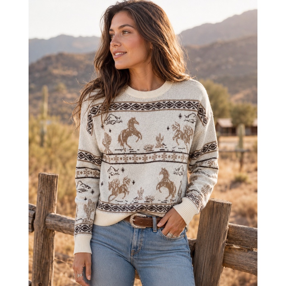 Newins Womens M Western Horse Cowboy Sweater Cream Brown Southwestern Cowgirl